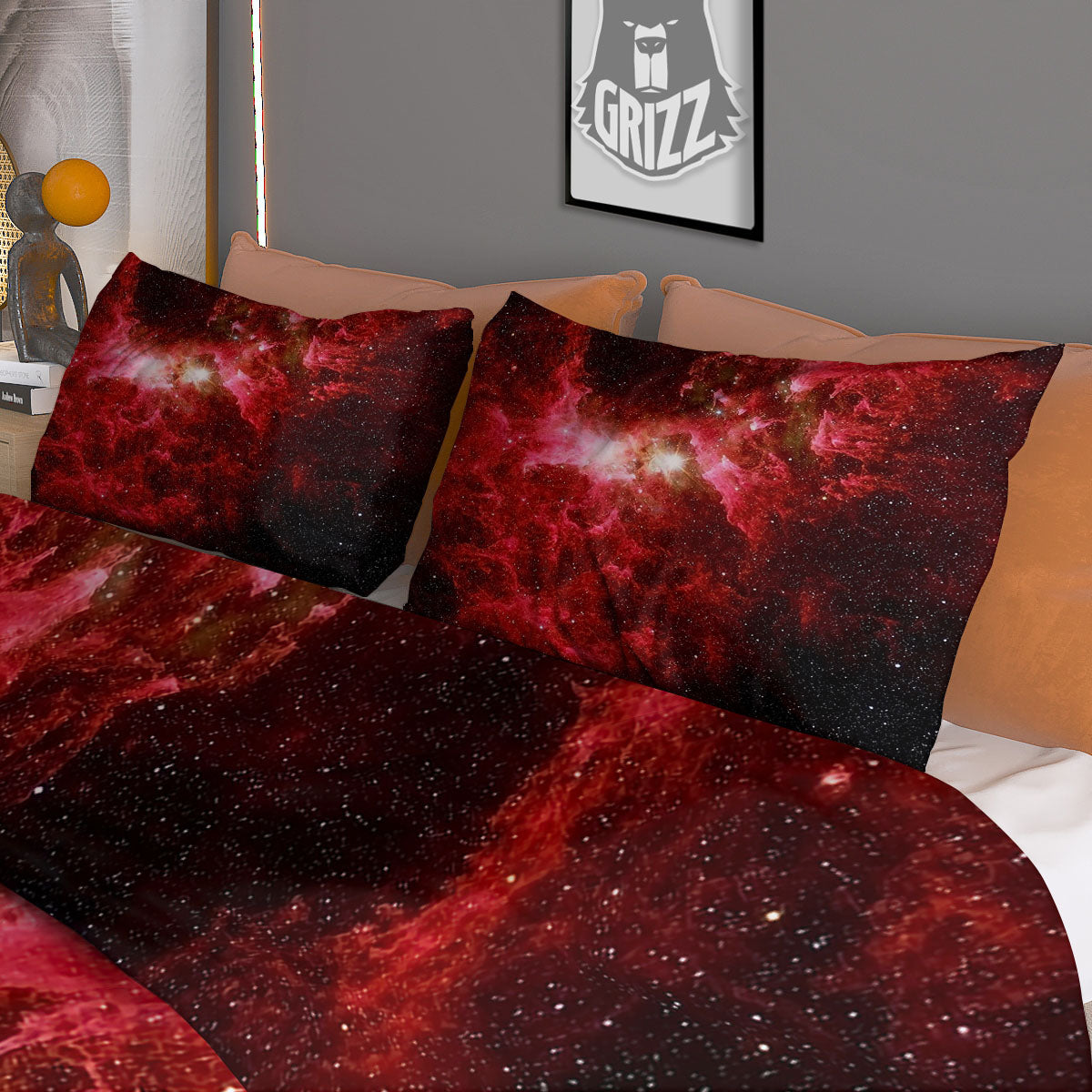 Universe Galaxy Space Red Stardust Print Duvet Cover Bedding Set