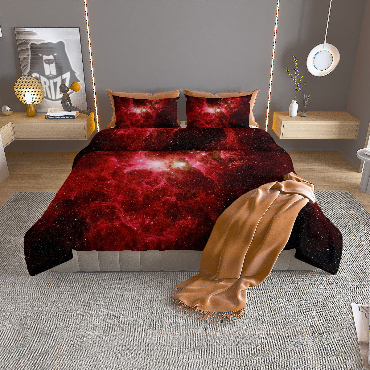 Universe Galaxy Space Red Stardust Print Duvet Cover Bedding Set
