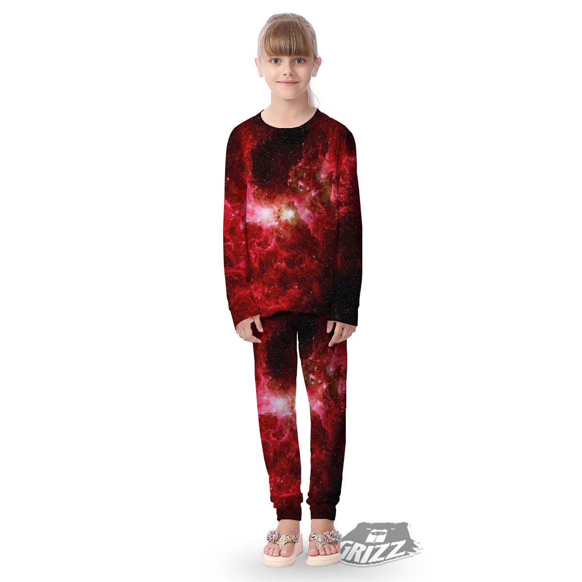 Universe Galaxy Space Red Stardust Print Kid's Pajamas-grizzshop