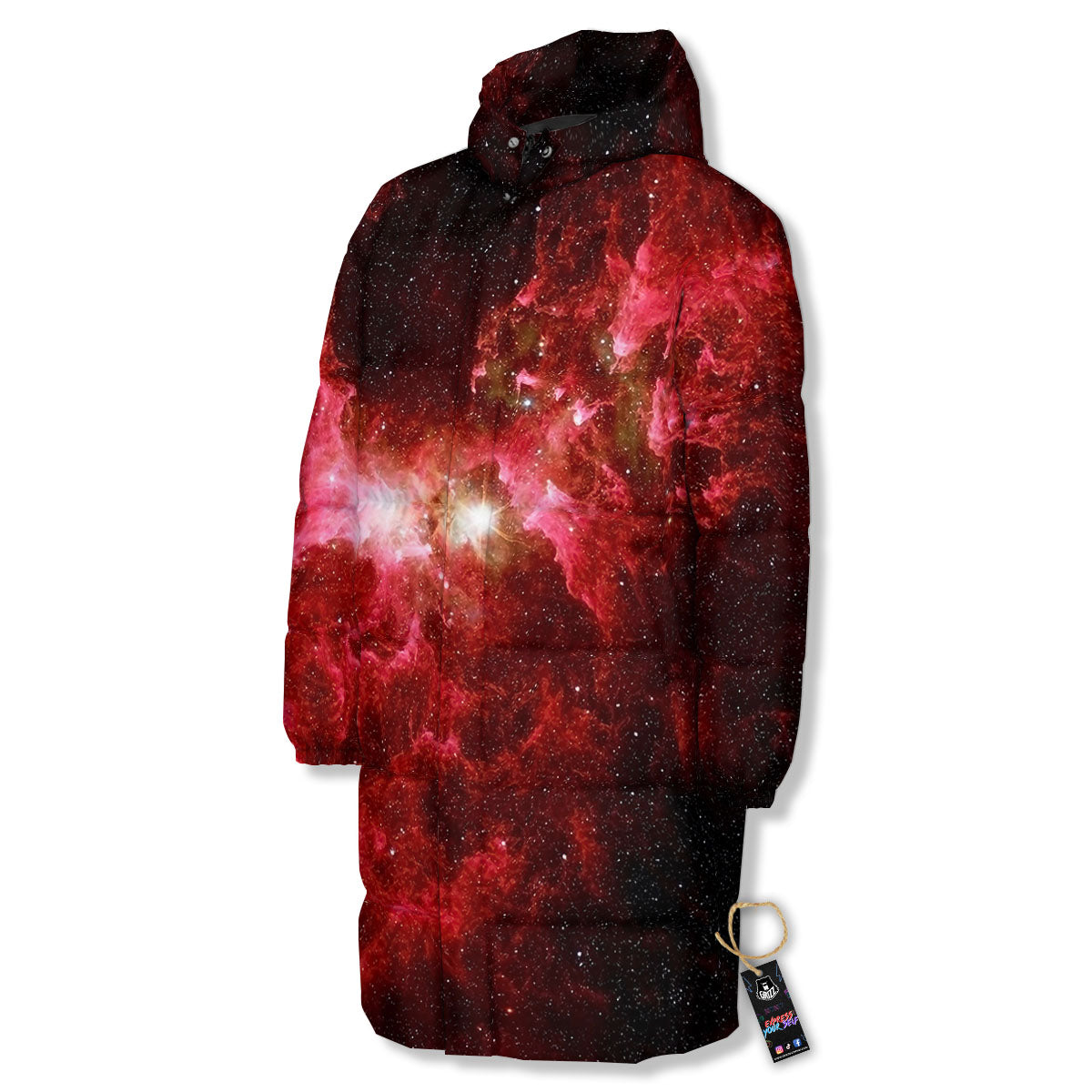 Universe Galaxy Space Red Stardust Print Long Down Jacket