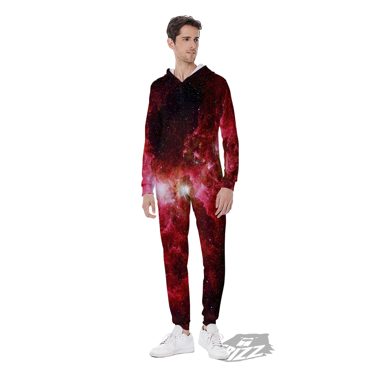Universe Galaxy Space Red Stardust Print Men's Jumpsuit-grizzshop