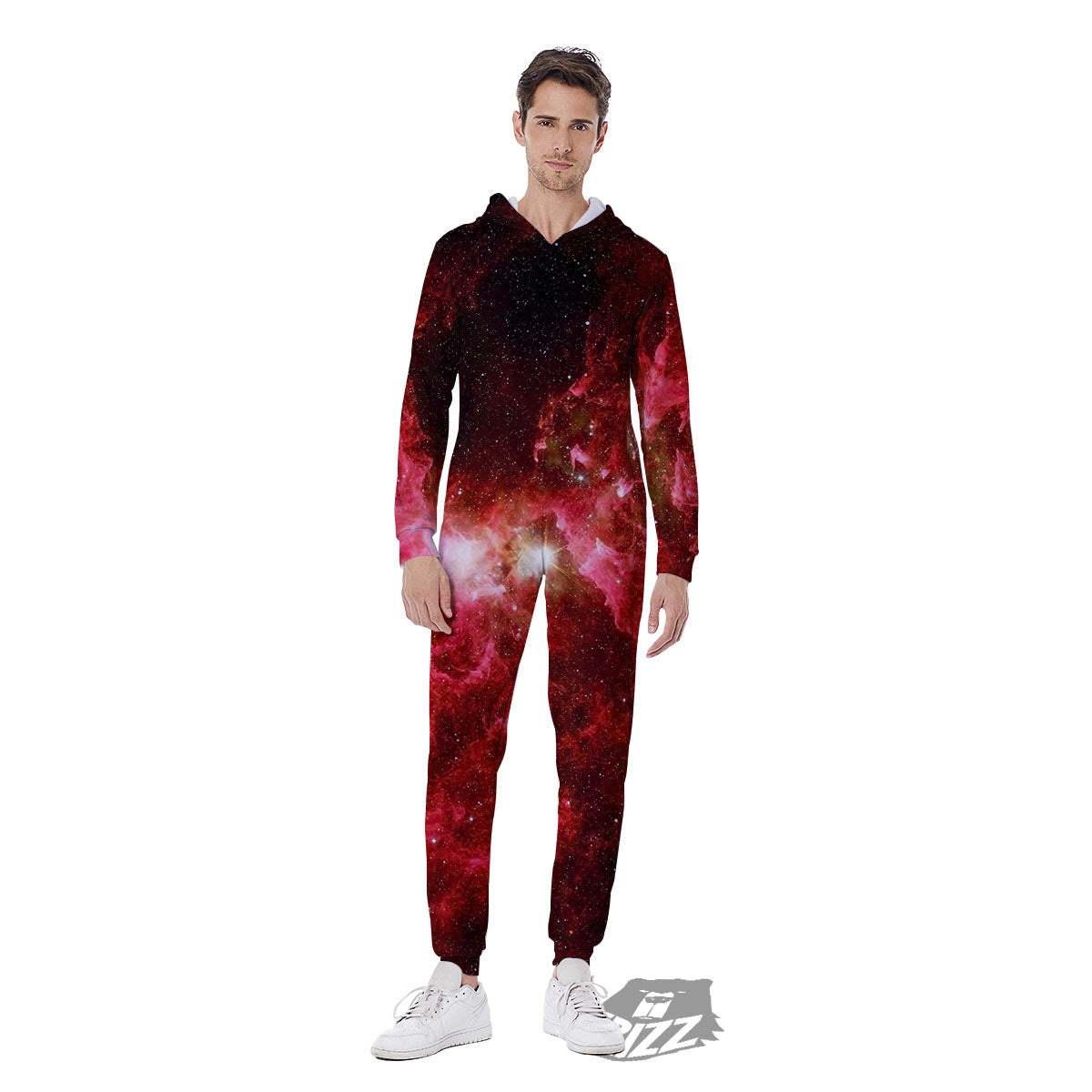 Universe Galaxy Space Red Stardust Print Men's Jumpsuit-grizzshop