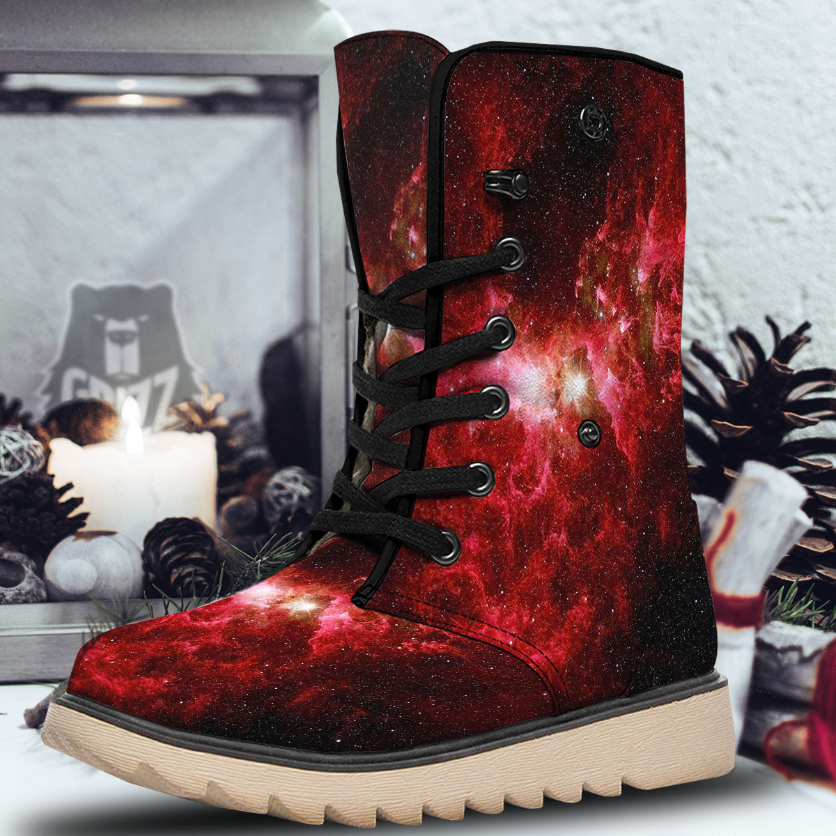 Universe Galaxy Space Red Stardust Print Snow Boots-grizzshop