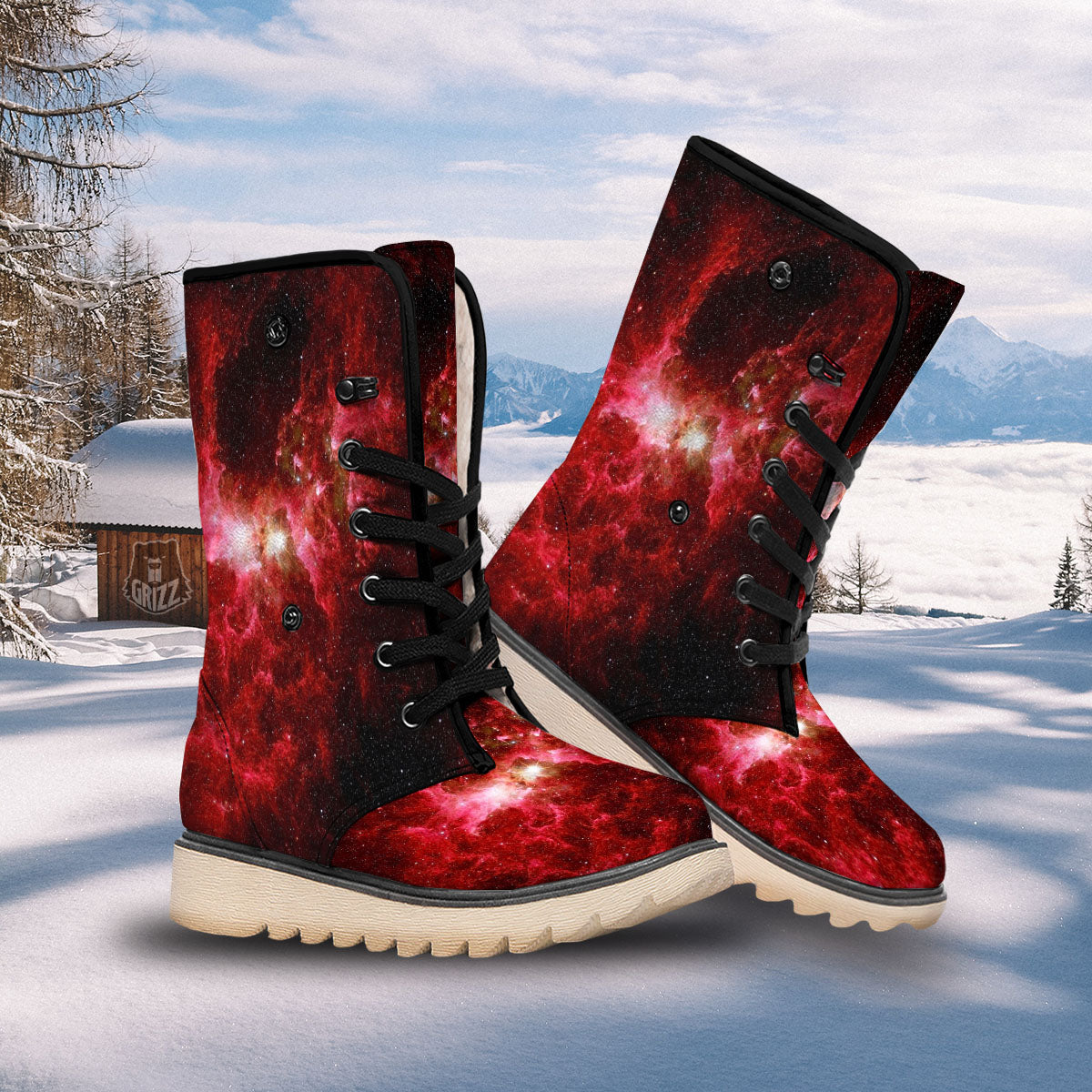 Universe Galaxy Space Red Stardust Print Snow Boots-grizzshop