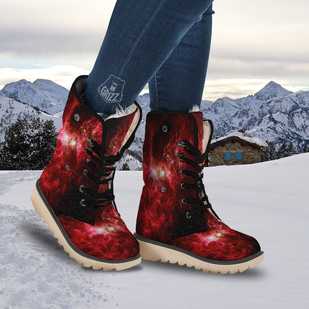 Universe Galaxy Space Red Stardust Print Snow Boots-grizzshop