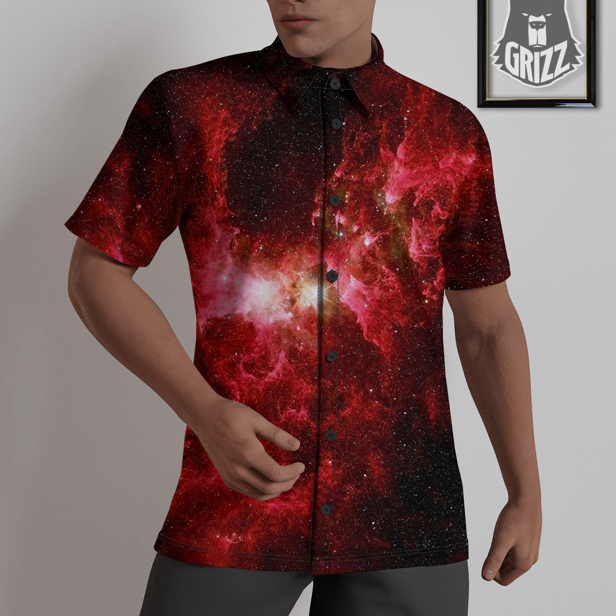 Universe Galaxy Space Red Stardust Print Untucked Shirts-grizzshop