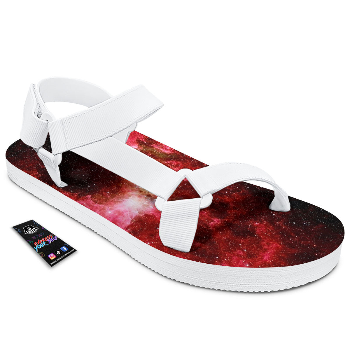 Universe Galaxy Space Red Stardust Print White Open Toe Sandals-grizzshop