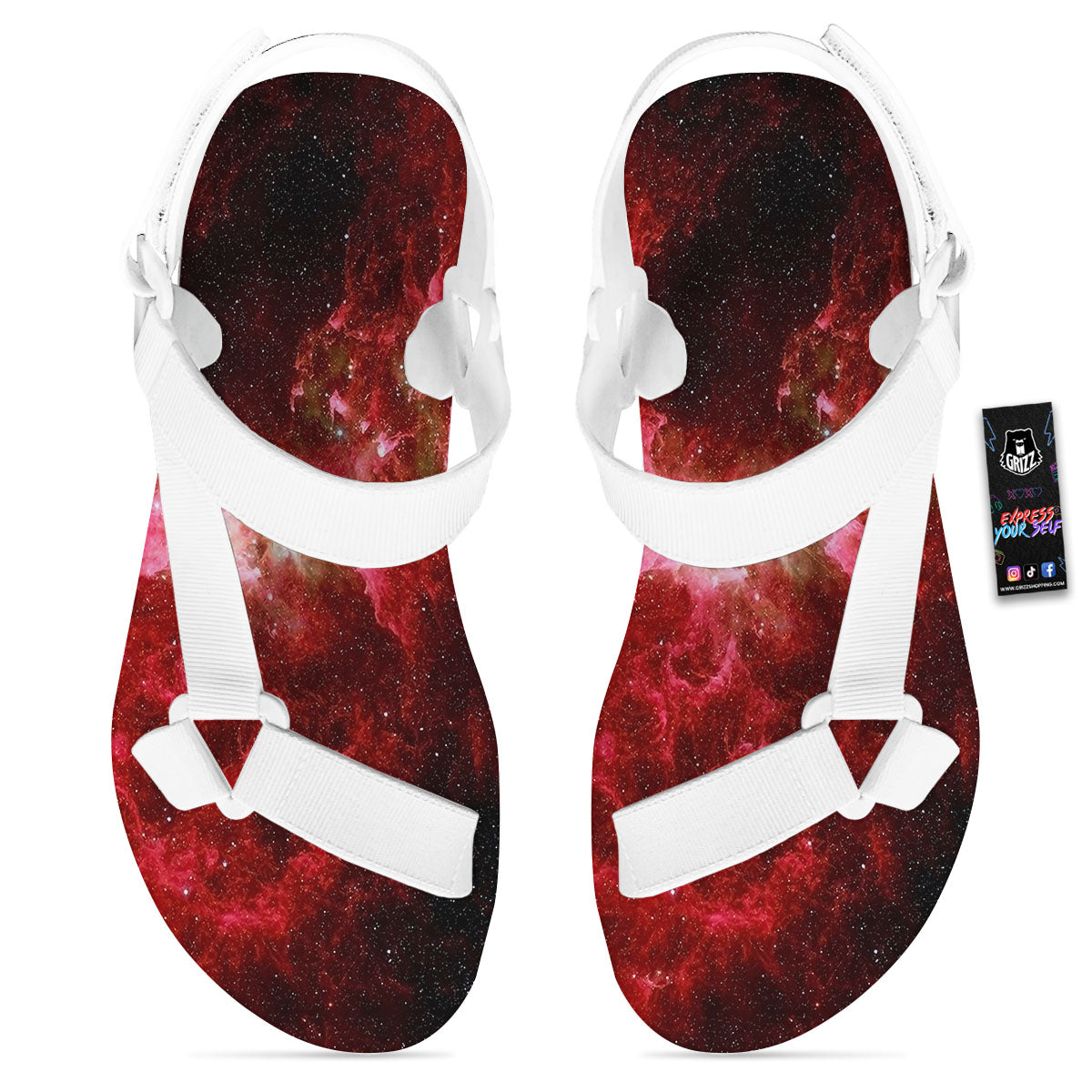 Universe Galaxy Space Red Stardust Print White Open Toe Sandals-grizzshop