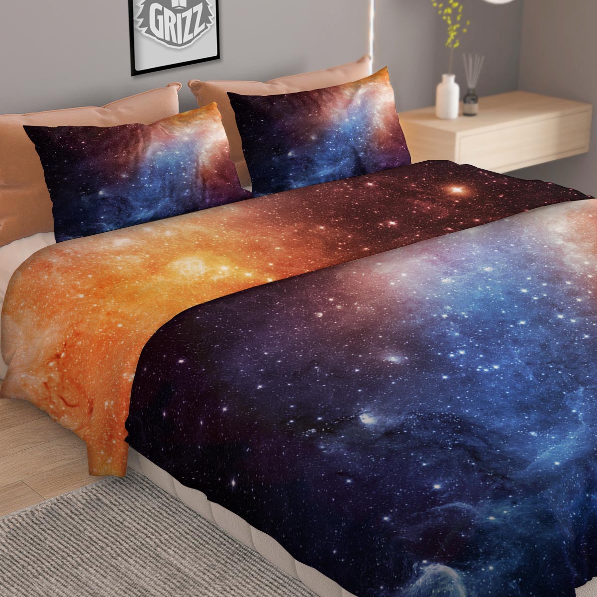 Universe Galaxy Space Teal Orange Print Duvet Cover Bedding Set