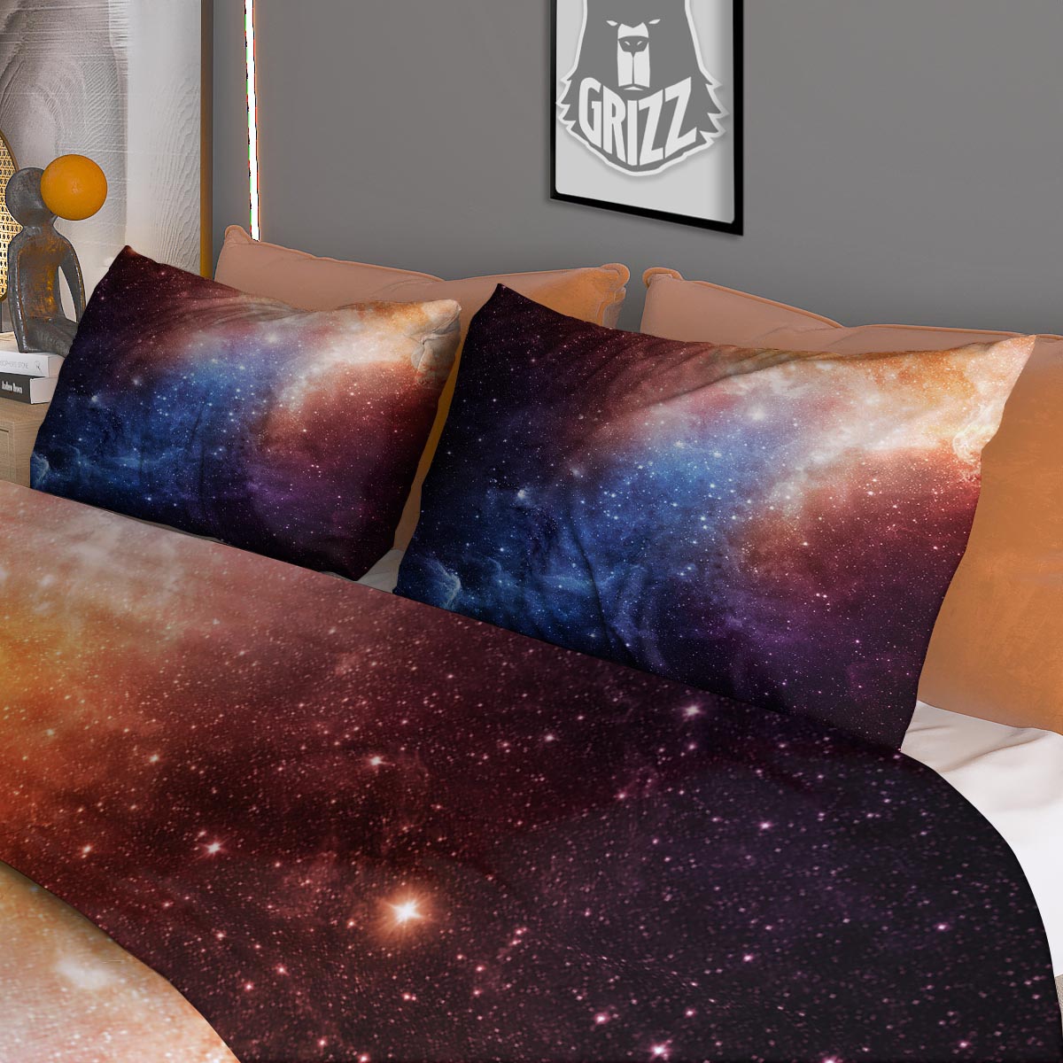 Universe Galaxy Space Teal Orange Print Duvet Cover Bedding Set