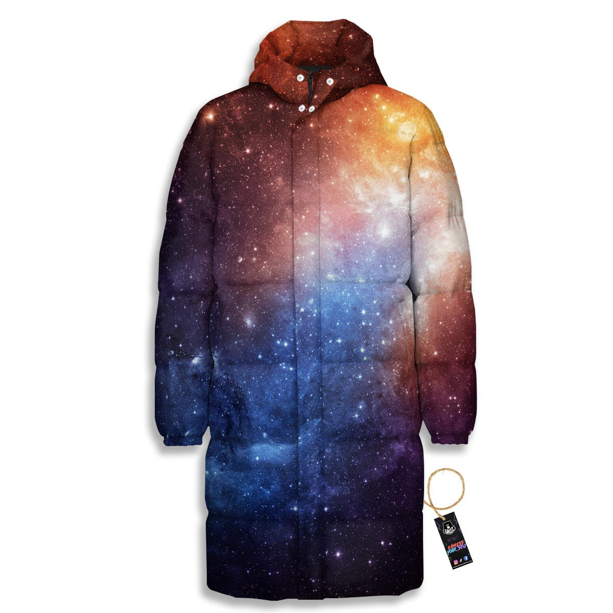 Universe Galaxy Space Teal Orange Print Long Down Jacket