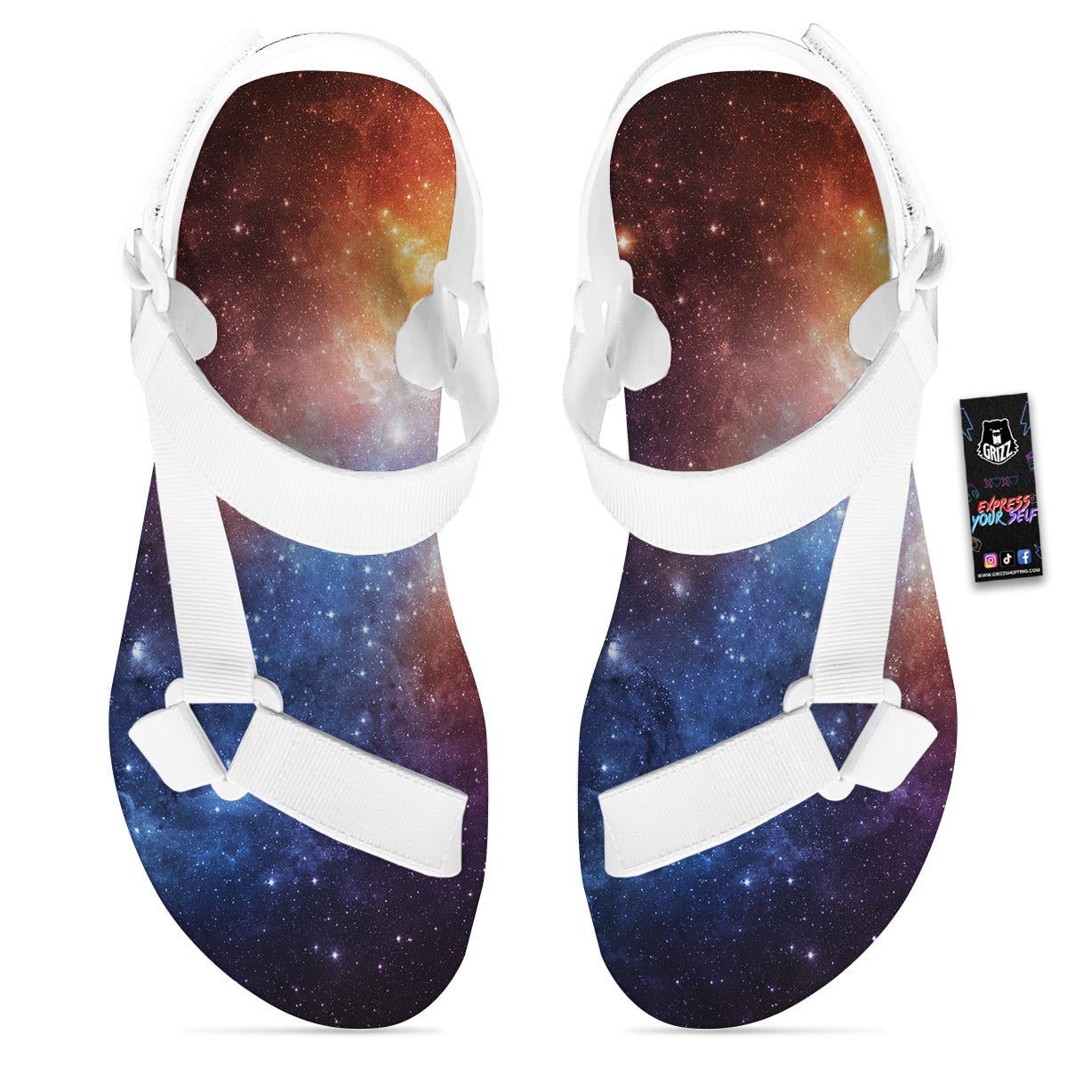 Universe Galaxy Space Teal Orange Print White Open Toe Sandals-grizzshop