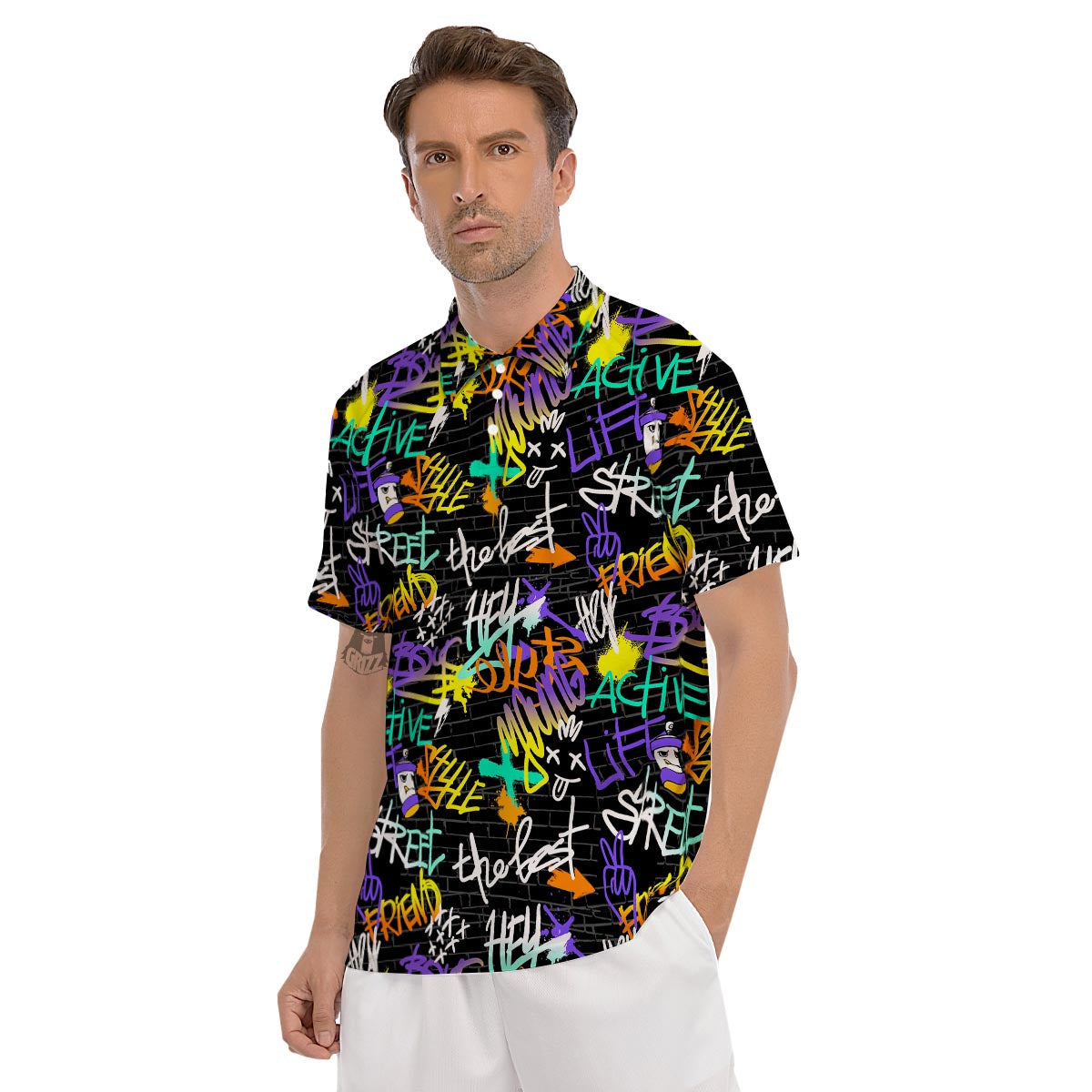 Urban Graffiti Print Men's Golf Shirts-grizzshop