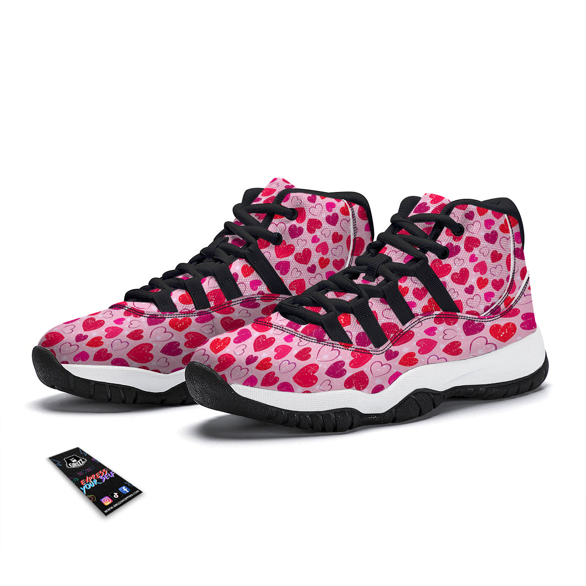 Valentine Pink Heart Print Pattern Black Bball Shoes-grizzshop