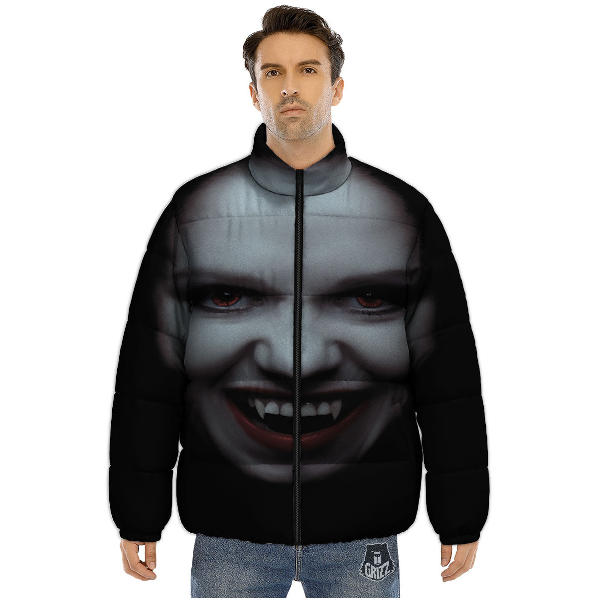 Vampire Girl Halloween Print Puffer Jacket-grizzshop