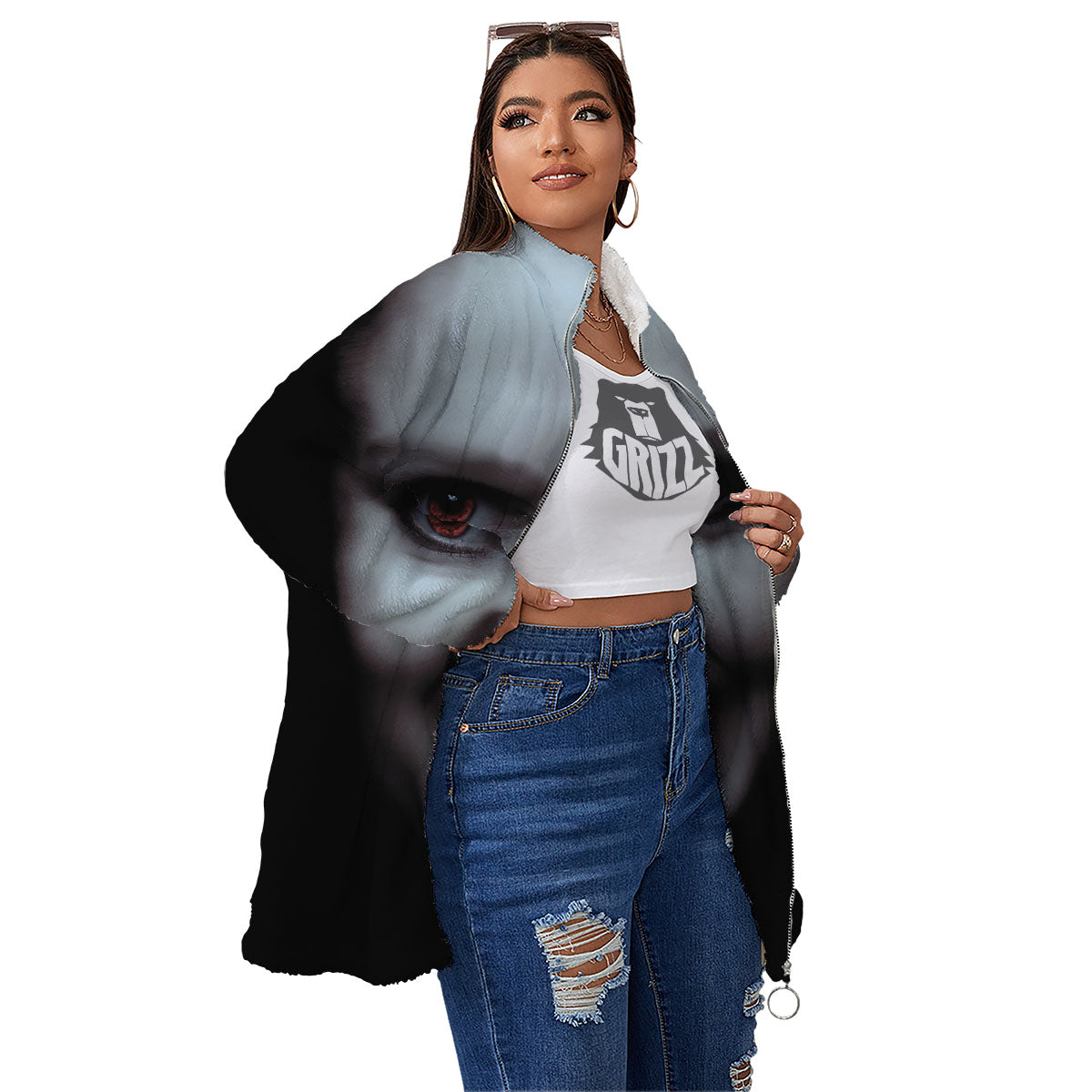 Vampire Girl Halloween Print Women's Sherpa Jacket-grizzshop