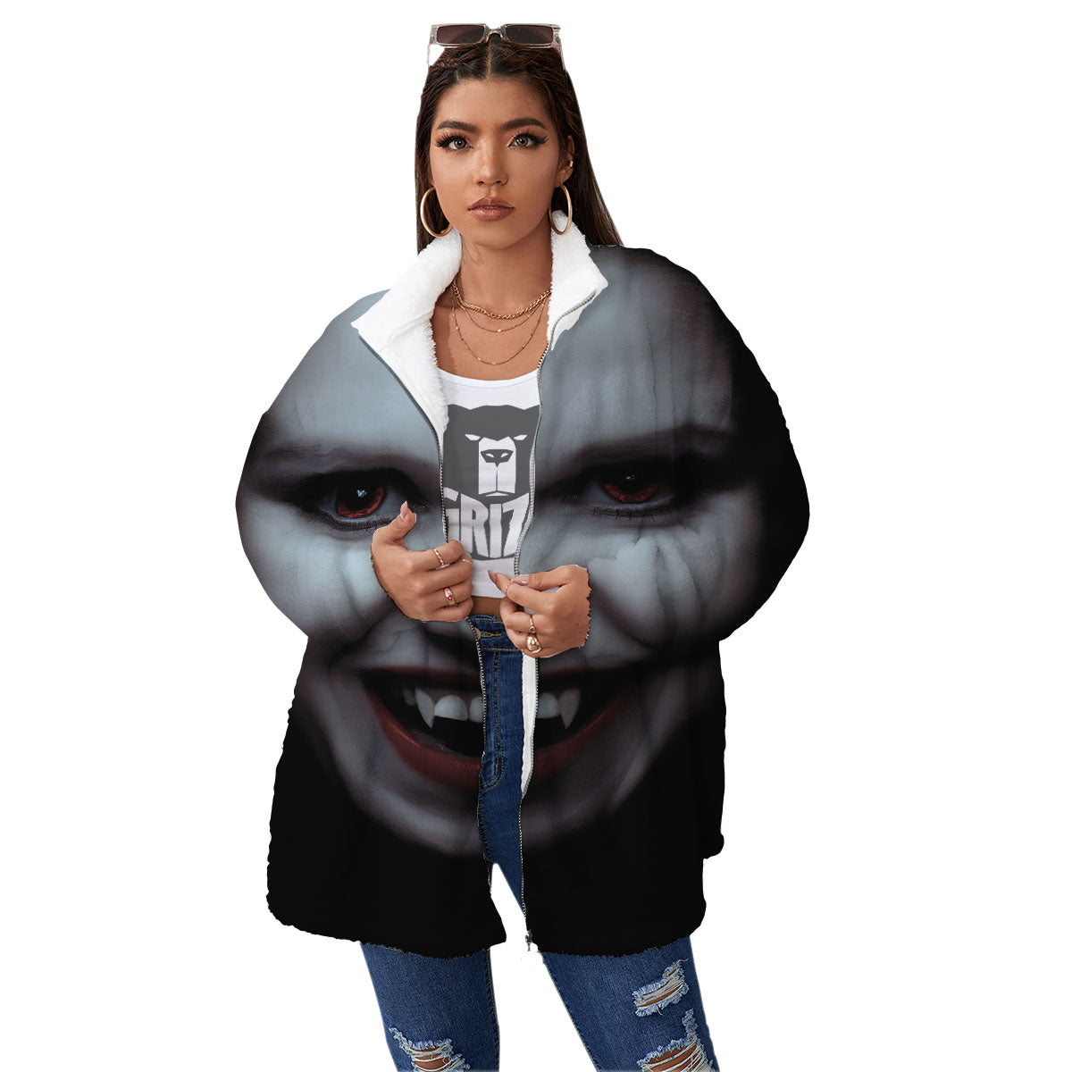 Vampire Girl Halloween Print Women's Sherpa Jacket-grizzshop