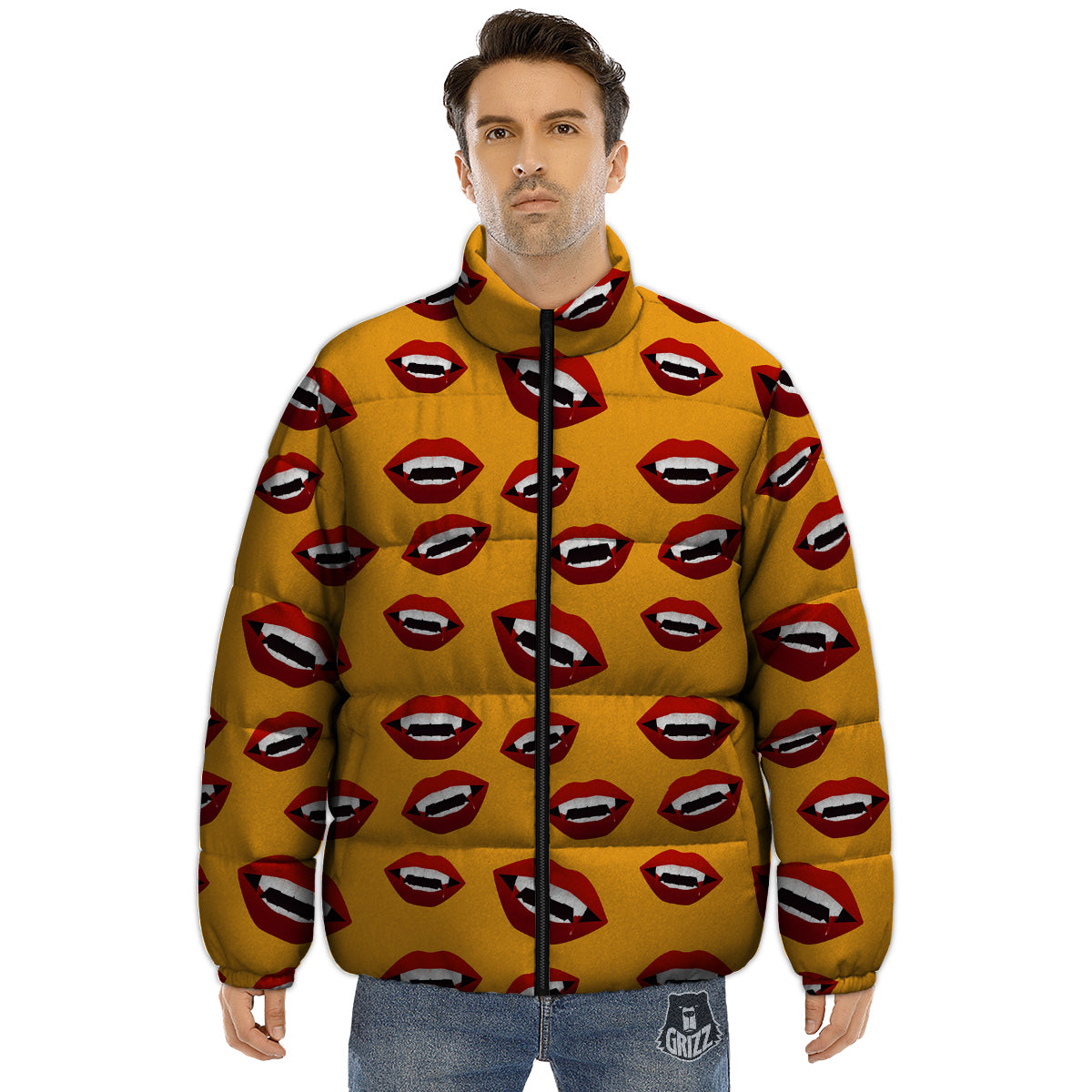 Vampire Lips Halloween Print Pattern Puffer Jacket-grizzshop