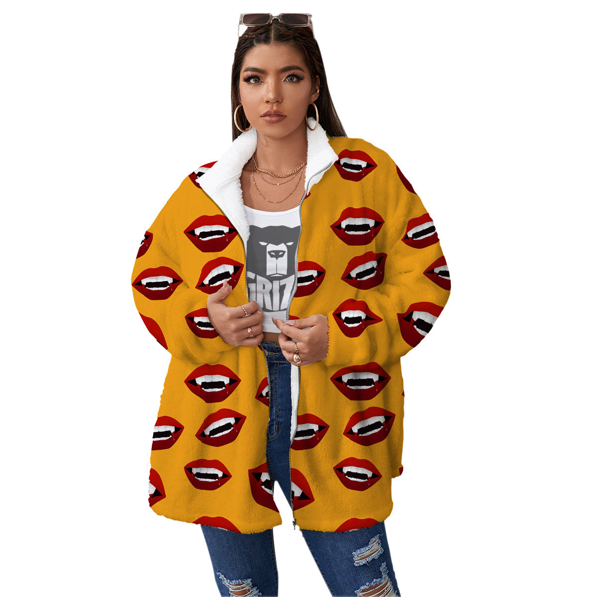 Vampire Lips Halloween Print Pattern Women's Sherpa Jacket-grizzshop