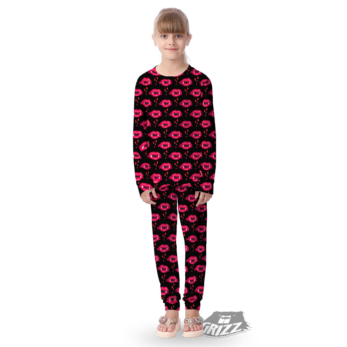 Vampire Lips Red Halloween Print Pattern Kid's Pajamas-grizzshop