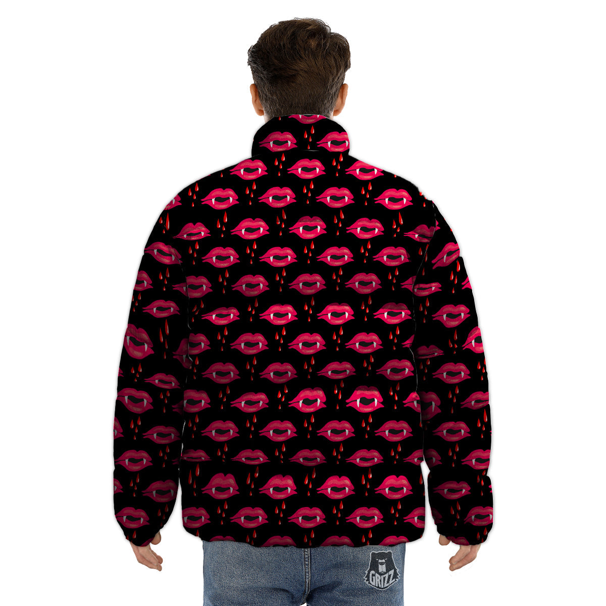 Vampire Lips Red Halloween Print Pattern Puffer Jacket-grizzshop
