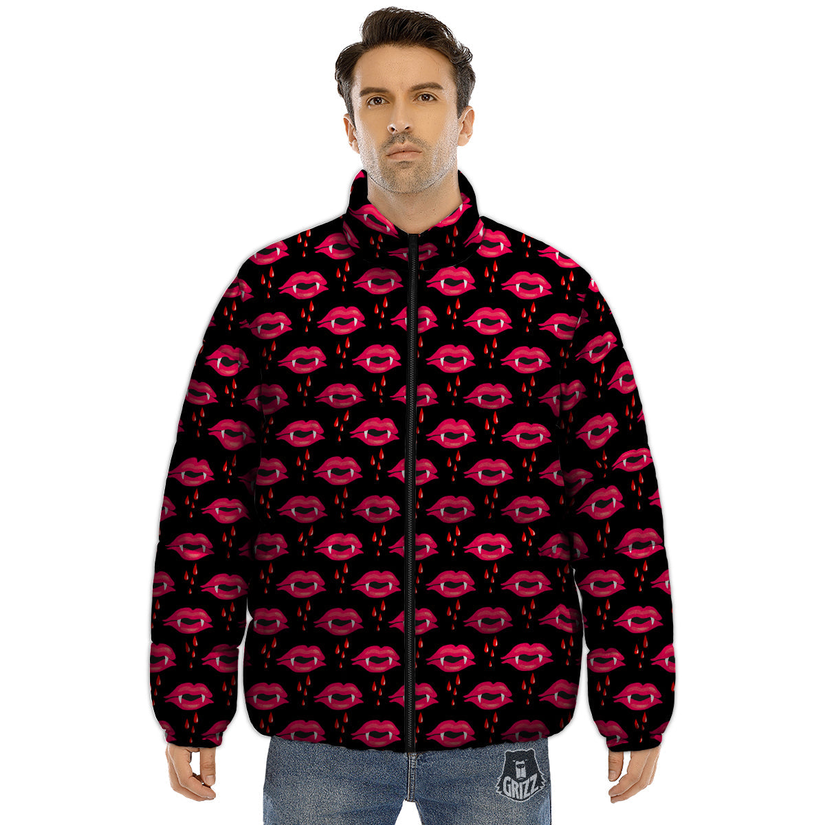 Vampire Lips Red Halloween Print Pattern Puffer Jacket-grizzshop
