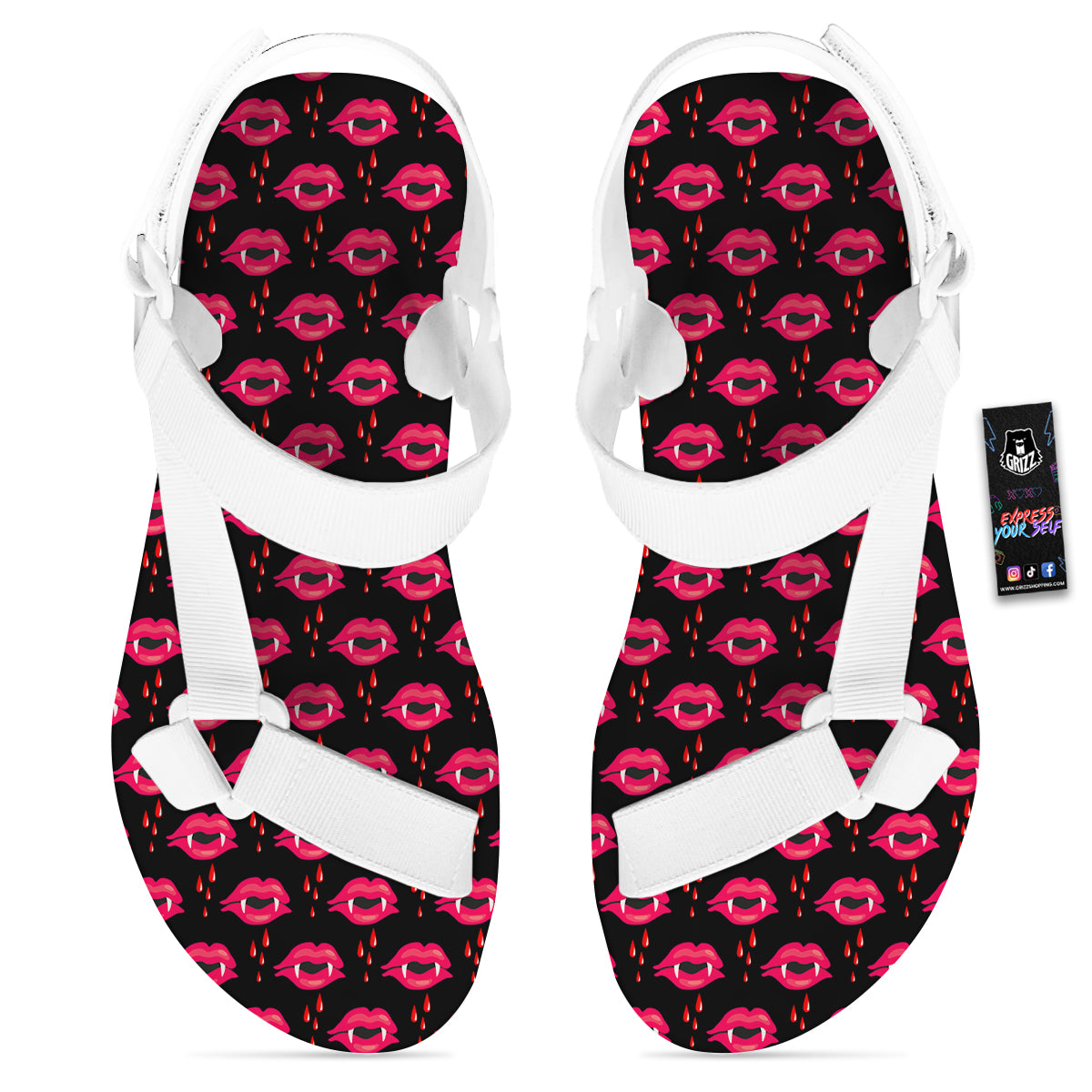 Vampire Lips Red Halloween Print Pattern White Open Toe Sandals-grizzshop