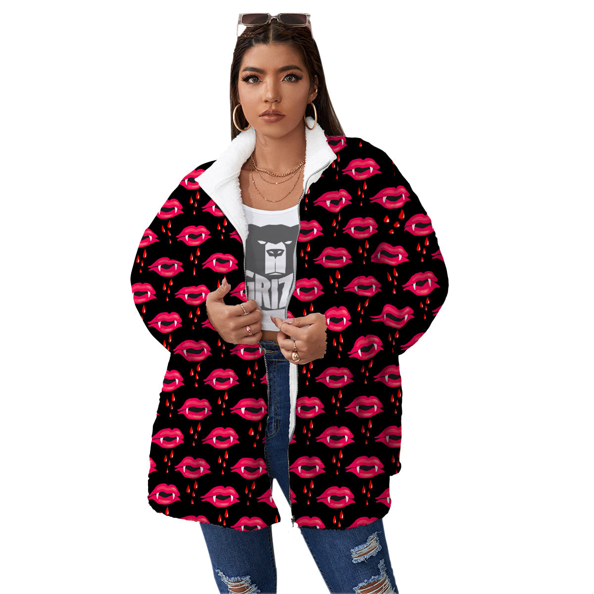 Vampire Lips Red Halloween Print Pattern Women's Sherpa Jacket-grizzshop