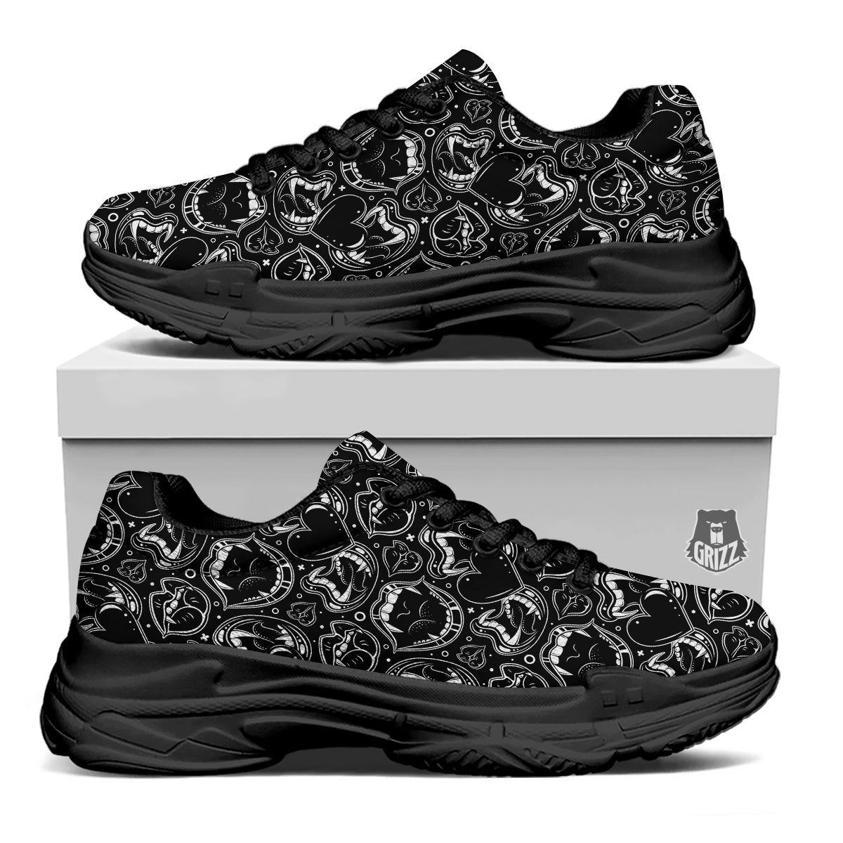 Vampire Mouth Black and White Print Pattern Black Chunky Shoes-grizzshop
