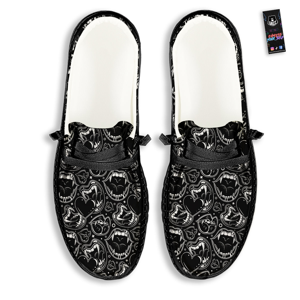 Vampire Mouth Black and White Print Pattern Black Loafers-grizzshop