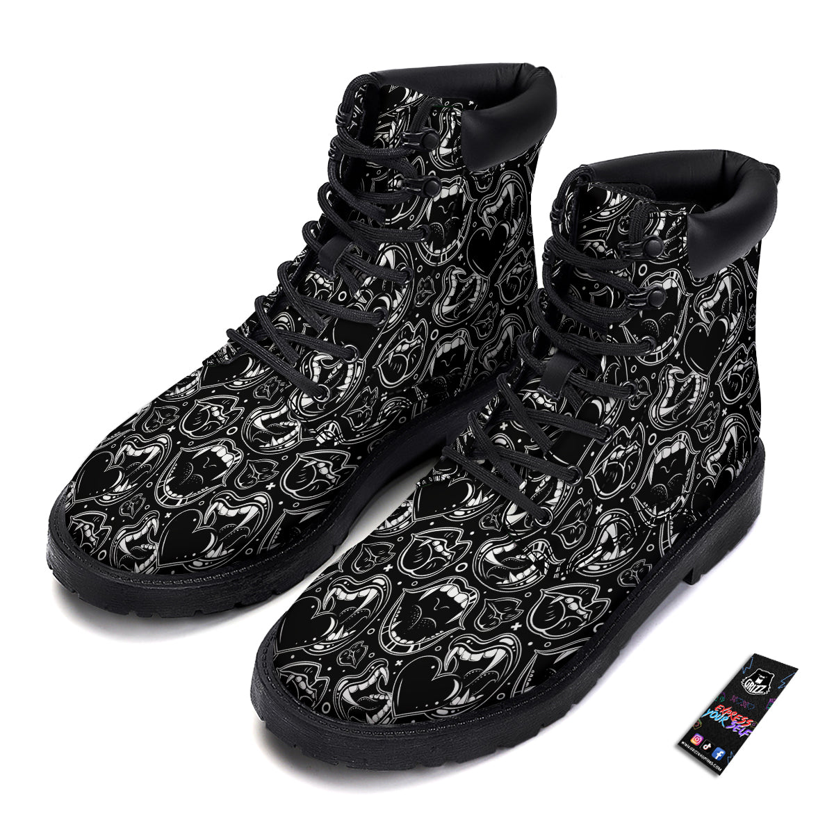 Vampire Mouth Black and White Print Pattern Boots-grizzshop