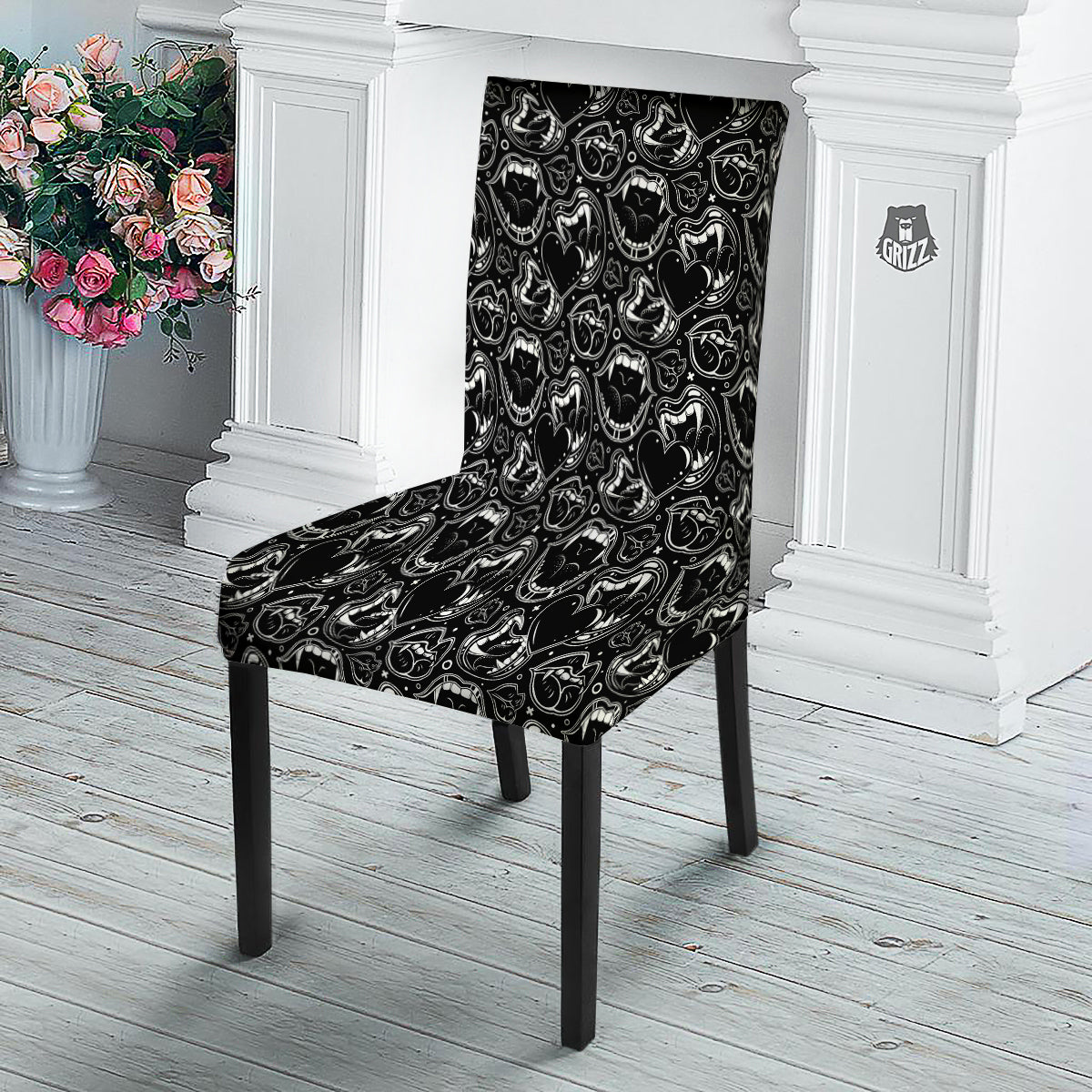 Vampire Mouth Black and White Print Pattern Dining Chair Slipcover-grizzshop