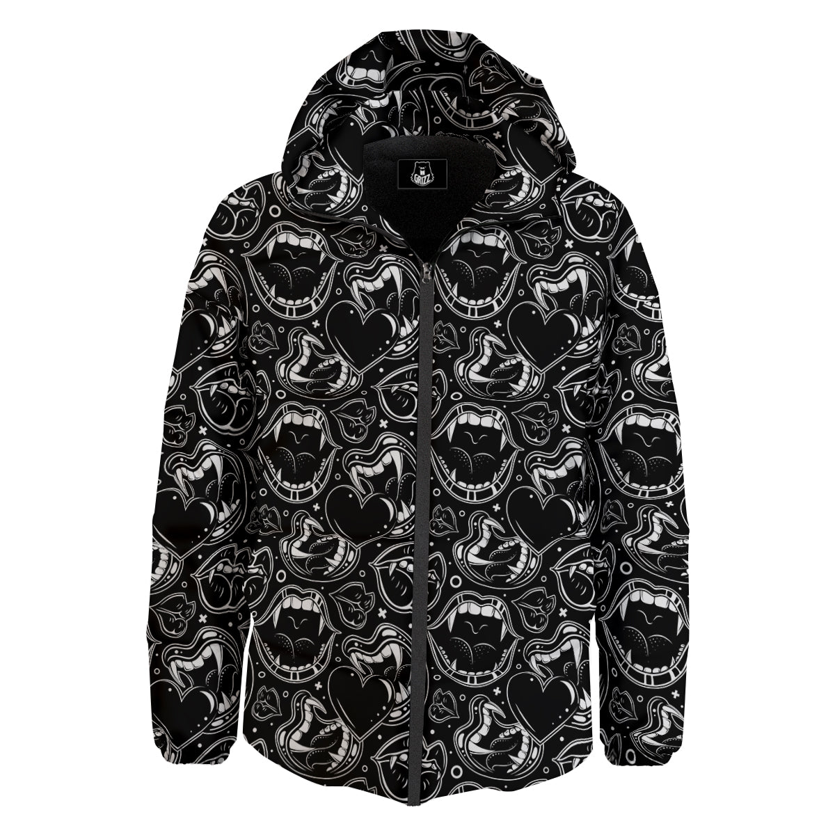 Vampire Mouth Black and White Print Pattern Down Jacket-grizzshop