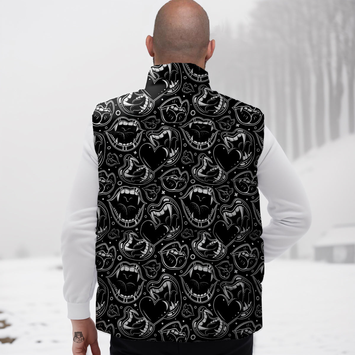 Vampire Mouth Black and White Print Pattern Down Vest