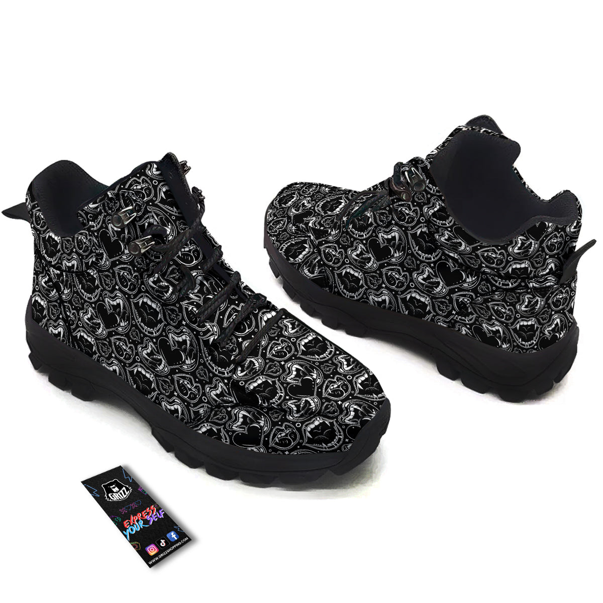 Vampire Mouth Black and White Print Pattern Hiking Shoes-grizzshop