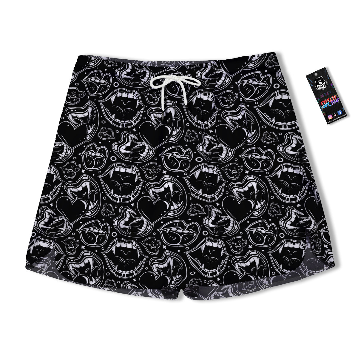 Vampire Mouth Black and White Print Pattern Men's Running Shorts-grizzshop