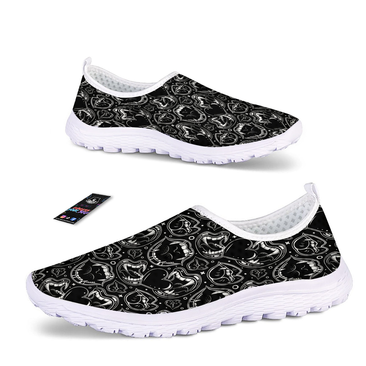 Vampire Mouth Black and White Print Pattern Nurse Shoes-grizzshop
