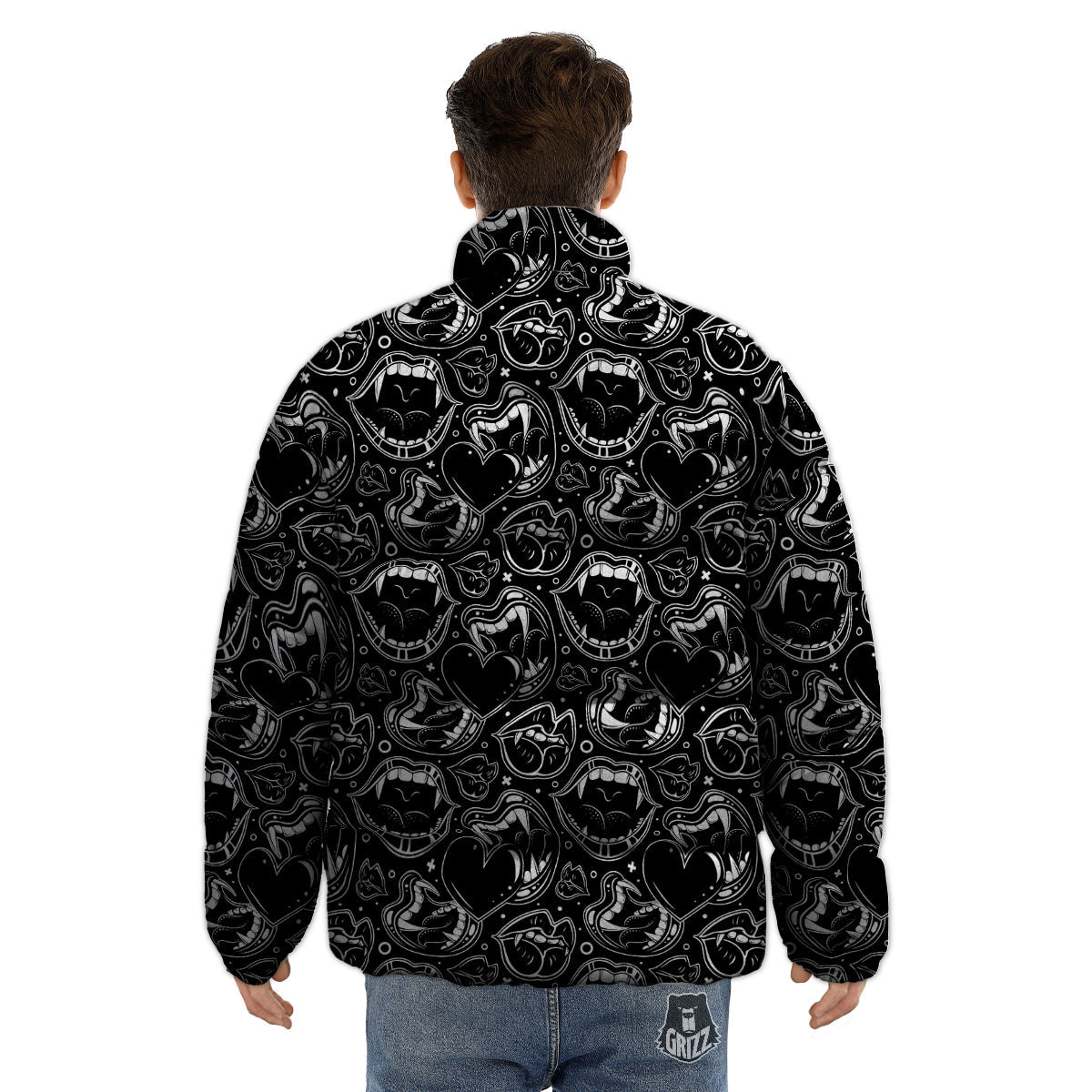 Vampire Mouth Black and White Print Pattern Puffer Jacket-grizzshop