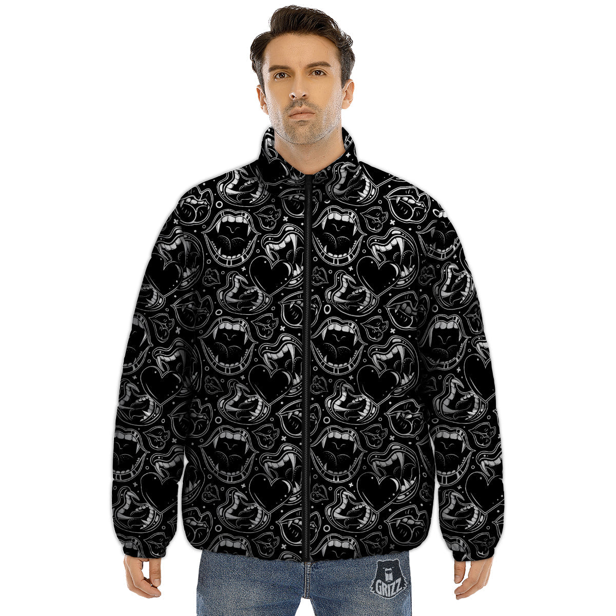 Vampire Mouth Black and White Print Pattern Puffer Jacket-grizzshop