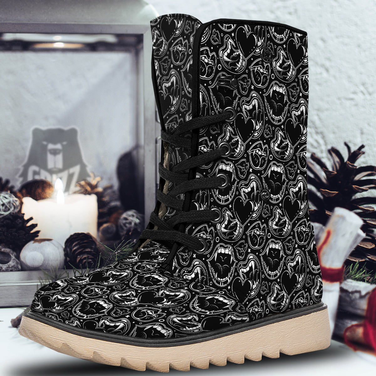 Vampire Mouth Black and White Print Pattern Snow Boots-grizzshop