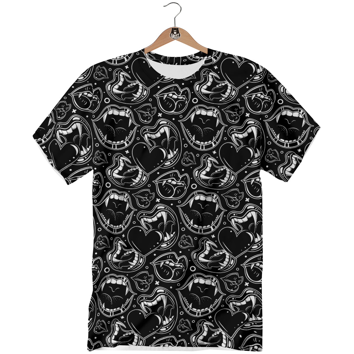 Vampire Mouth Black and White Print Pattern T-Shirt-grizzshop