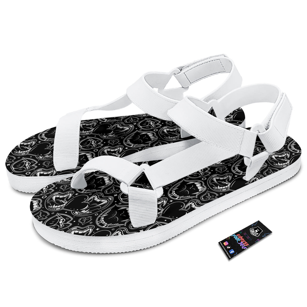 Vampire Mouth Black and White Print Pattern White Open Toe Sandals-grizzshop