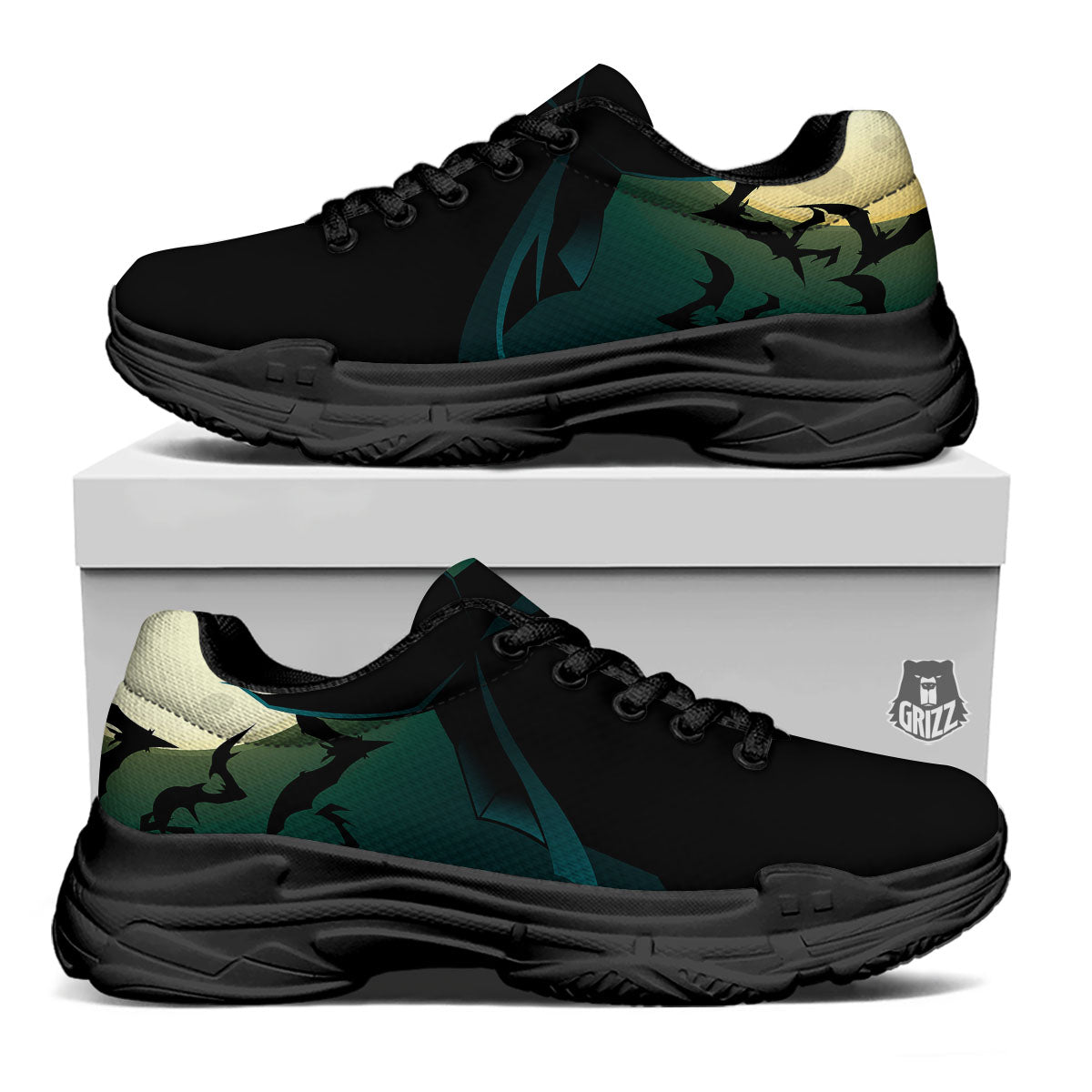 Vampire Silhouette Halloween Print Black Chunky Shoes-grizzshop