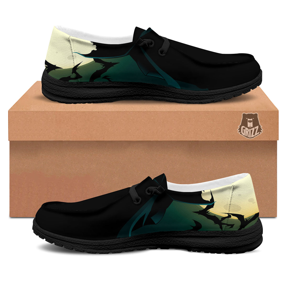 Vampire Silhouette Halloween Print Black Loafers-grizzshop
