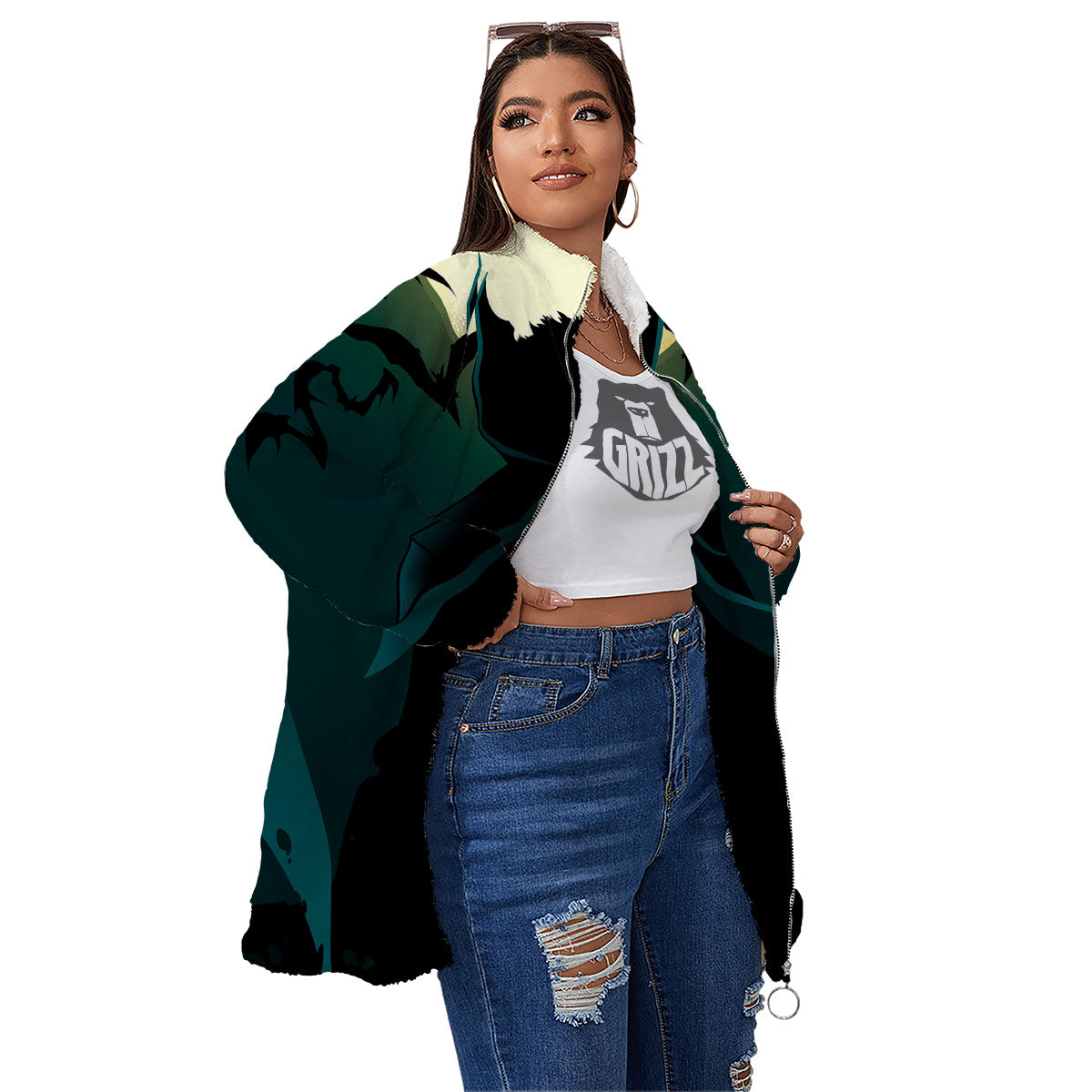 Vampire Silhouette Halloween Print Women's Sherpa Jacket-grizzshop