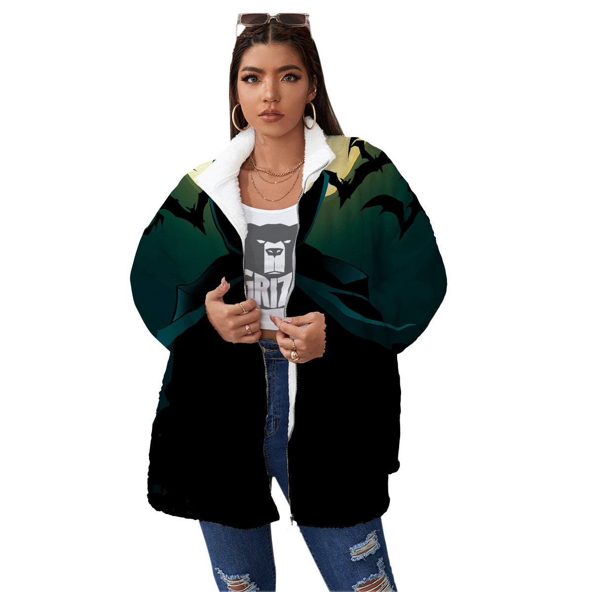 Vampire Silhouette Halloween Print Women's Sherpa Jacket-grizzshop