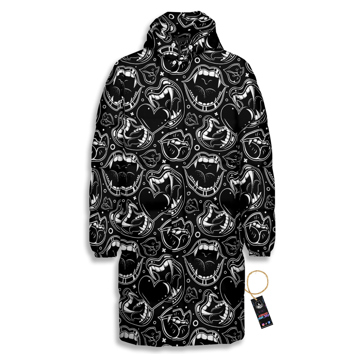 Vampire Mouth Black and White Print Pattern Long Down Jacket