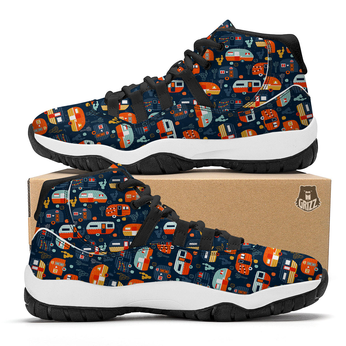 Van Camper Pattern Print Black Bball Shoes-grizzshop