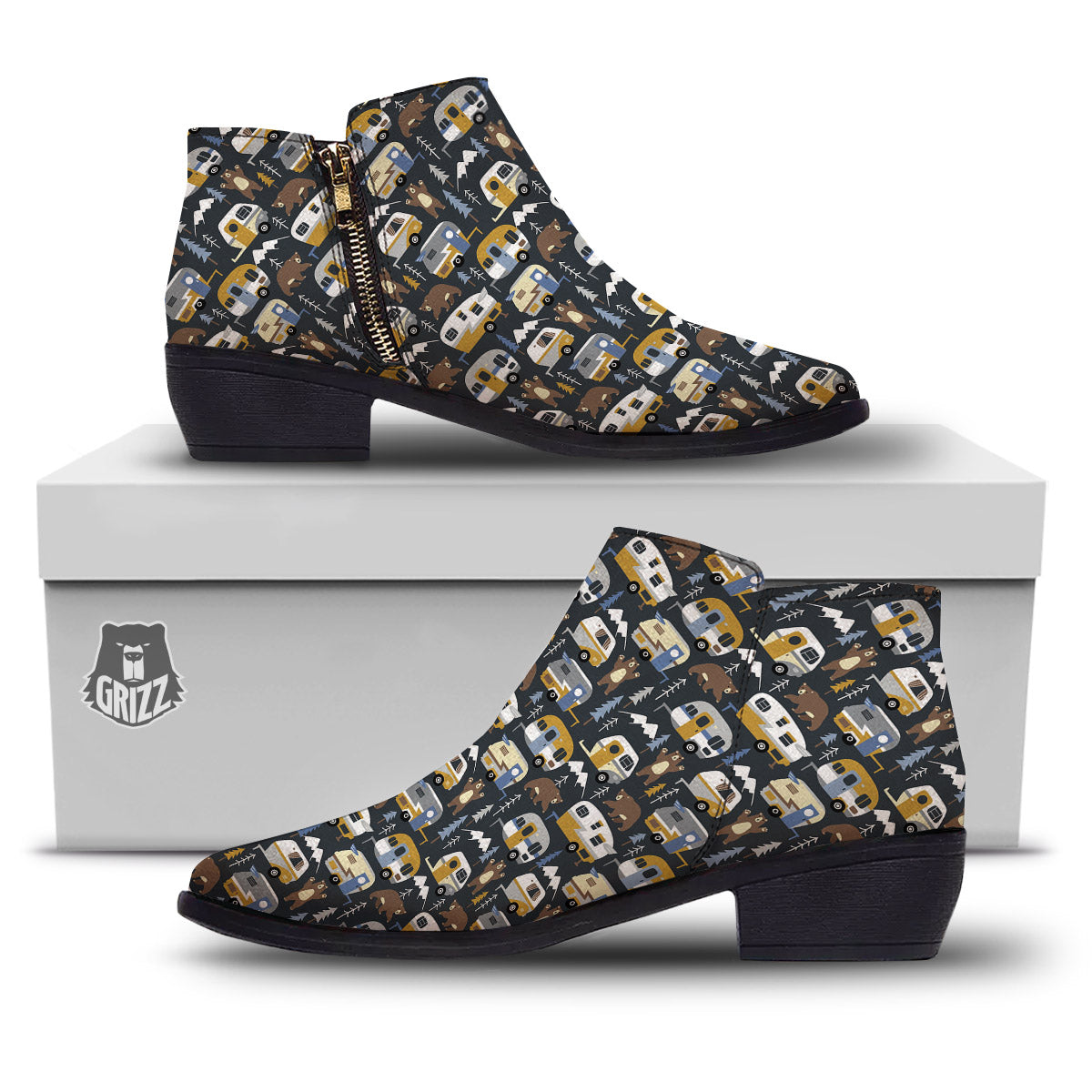 Van Camping Print Pattern Ankle Boots-grizzshop