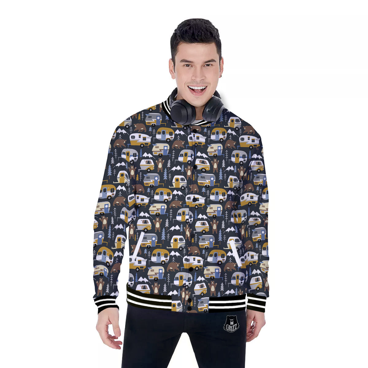 Van Camping Print Pattern Baseball Jacket-grizzshop